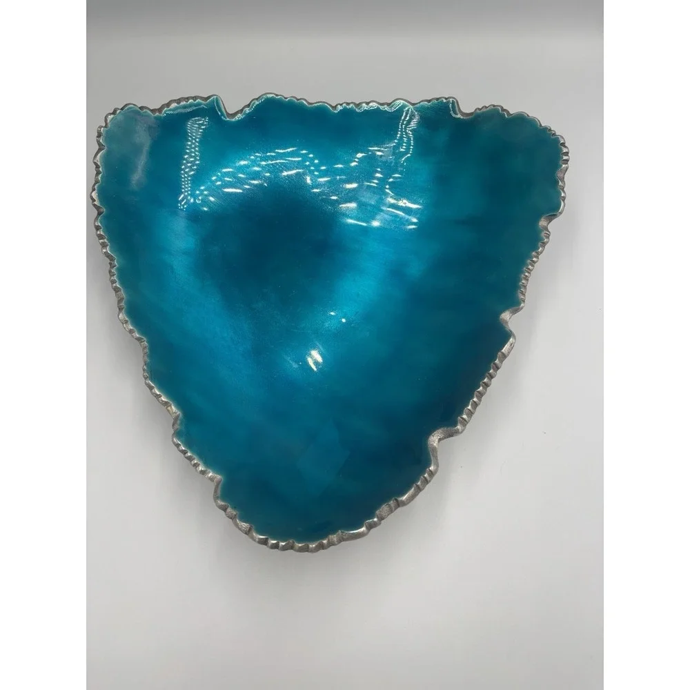 Vintage MCM Blue Enamel Silver Aluminum Triangle Dish With Rigged Edges RETRO